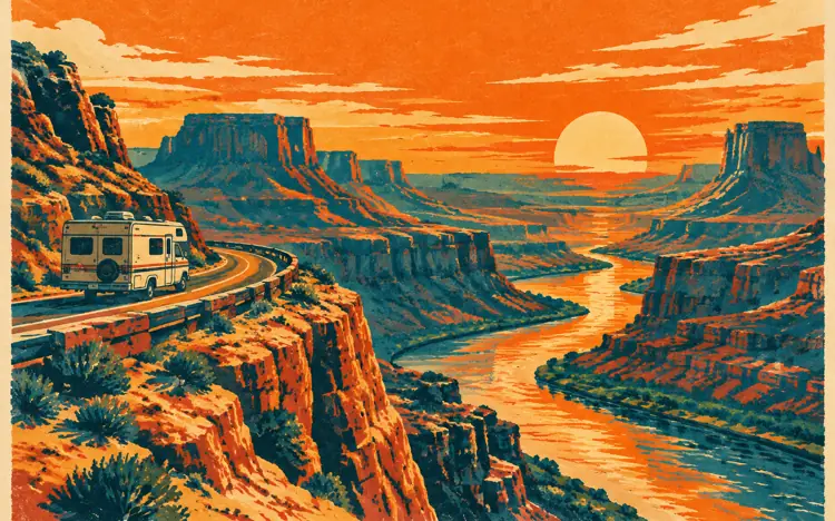 Illustrated RV on a canyon road at sunset