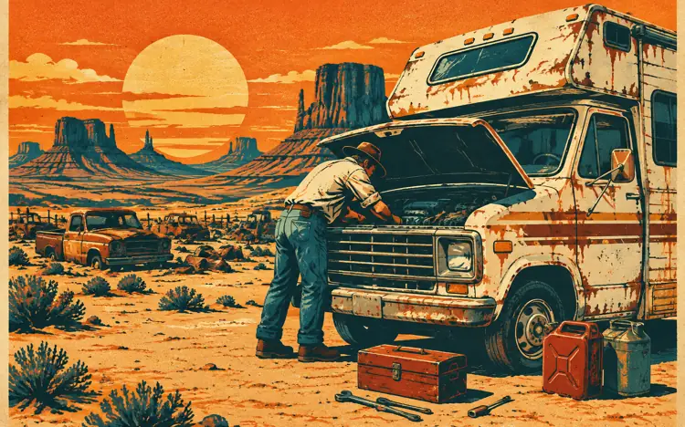 Illustrated traveler repairing an RV hood in the desert