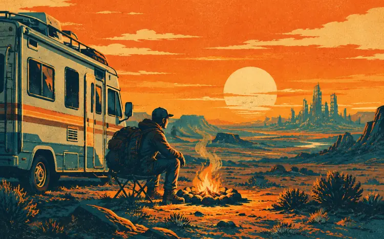 Illustrated campfire beside an RV at dusk