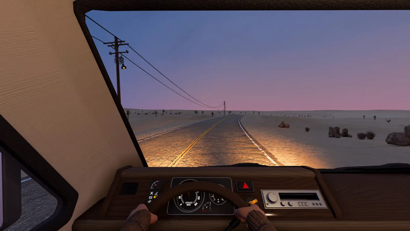 First-person view of a desert highway at dusk in Nomad Drive