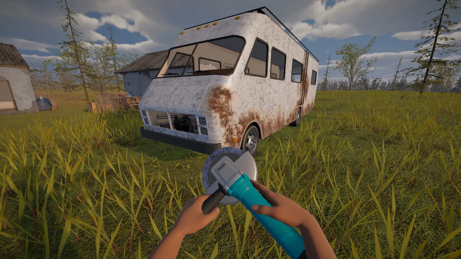 Player holding an angle grinder in front of a rusty RV in Nomad Drive