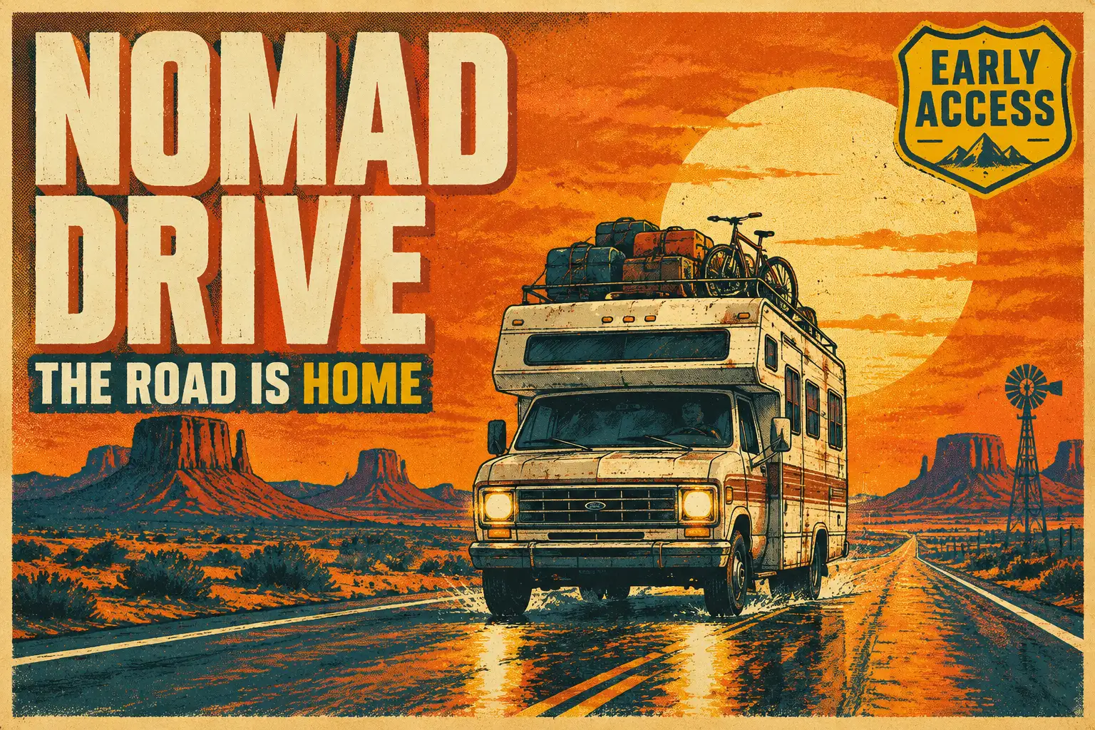 Illustrated RV on a desert highway at sunset, poster for Nomad Drive