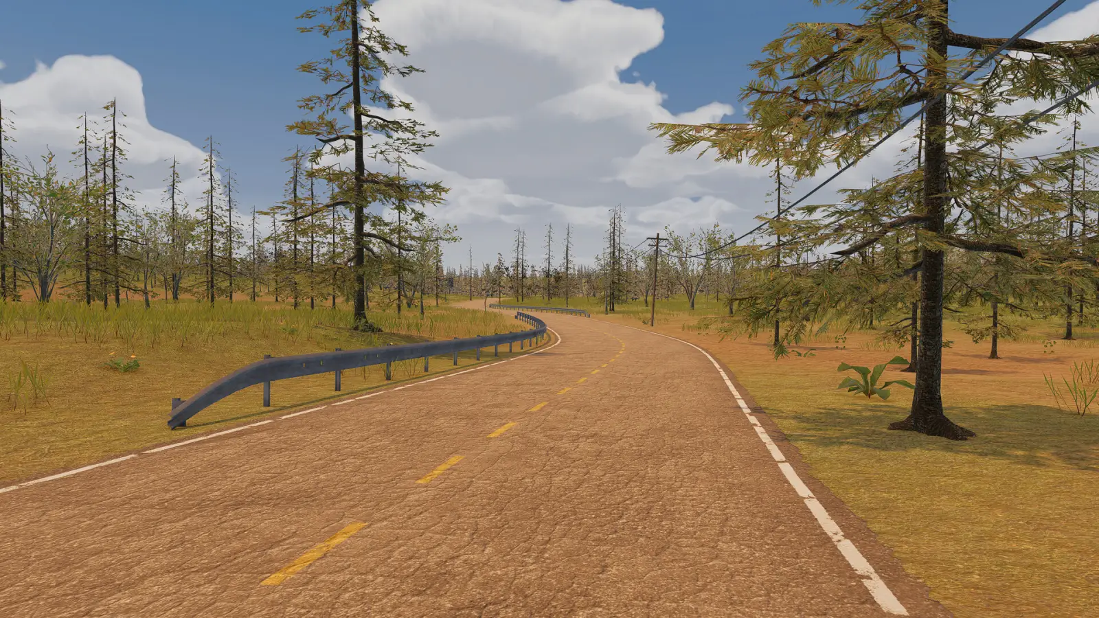 Two-lane highway through grassland in Nomad Drive