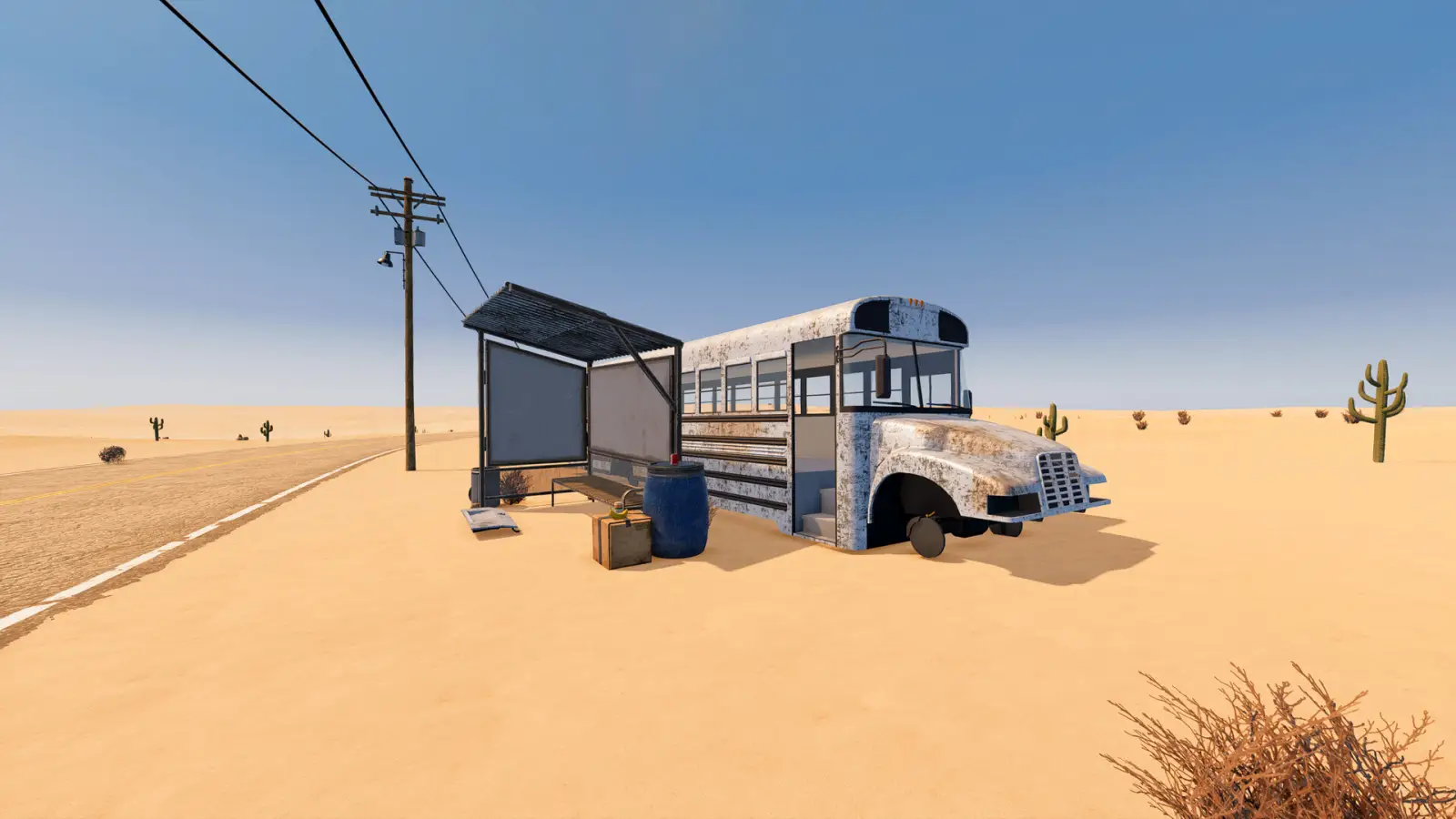 School bus parked at a desert gas station in Nomad Drive